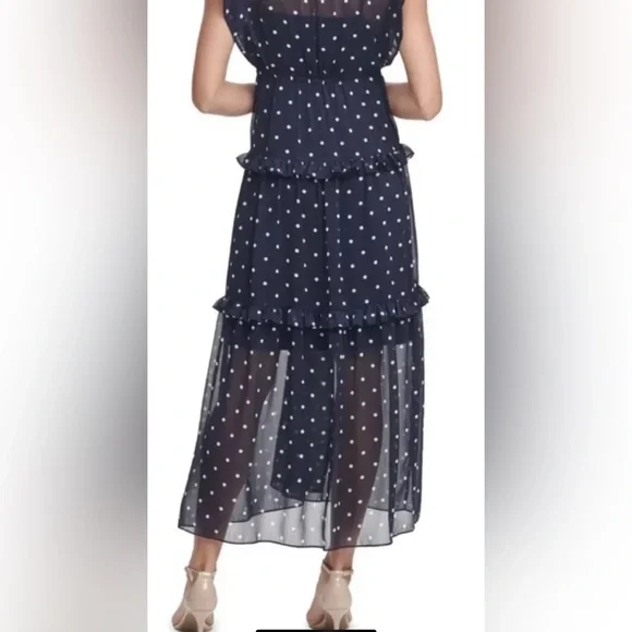 Women's Tommy Hilfiger Sleeveless Ruffled Tiered Polka Dot Maxi Dress Sz 4 navy - Picture 3 of 4